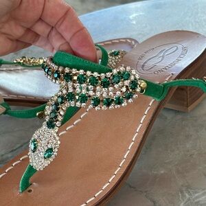 Green Crystal Embellished Sandals
